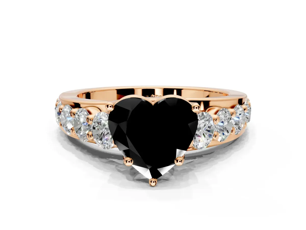 Solitaire Engagement Ring Setting for Fancy Black Heart-Shaped Center with Graduated Shared Prongs and Prong Head in Rose Gold