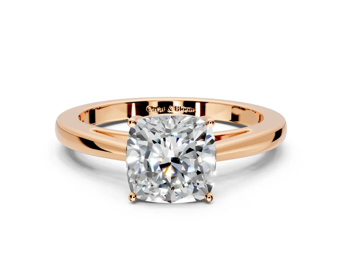 Solitaire Engagement Ring Setting for Cushion Cut Center with Open Cathedral Shoulders and Prong Head in Rose Gold