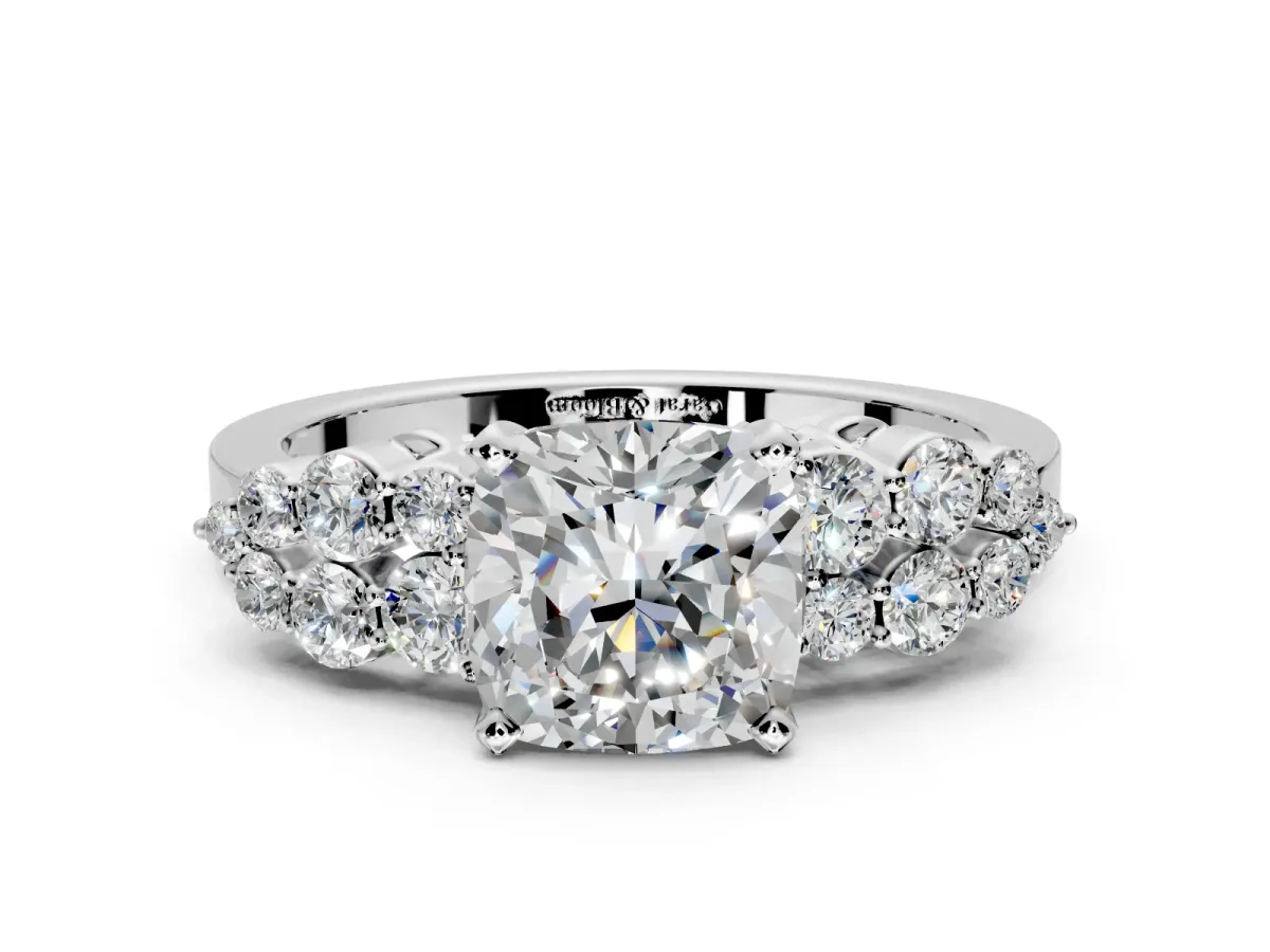 Cluster Engagement Ring Setting for Cushion Cut Center with 2-Row Shoulder Clusters and Prong Head in Platinum