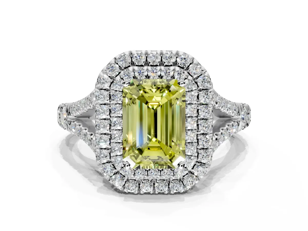 Double Halo Engagement Ring Setting for Fancy Yellow Emerald Cut Center with Narrow Pave Split Shank and Prong Head in Platinum