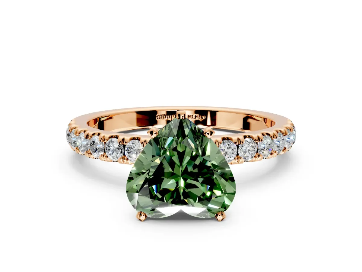 Open Basket Engagement Ring Setting for Fancy Green Heart-Shaped Center with Pave Band and Prong Head in Rose Gold