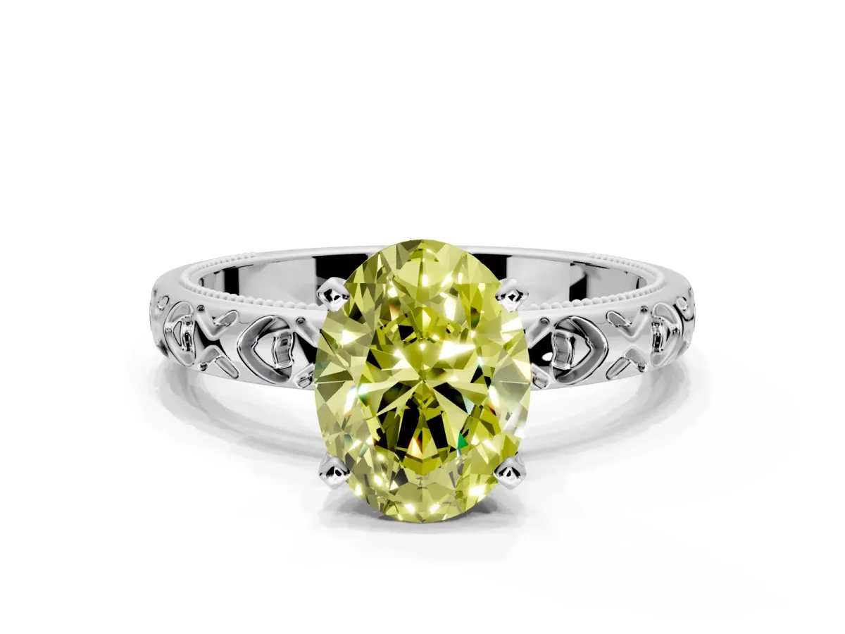 Solitaire Engagement Ring Setting for Fancy Yellow Oval Center with XO Engraved Band and Prong Head in Platinum