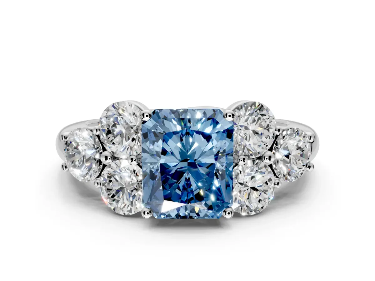 Cluster Engagement Ring Setting for Fancy Blue Radiant Cut Center with Round Cut Accent Frame and Prong Head in Platinum