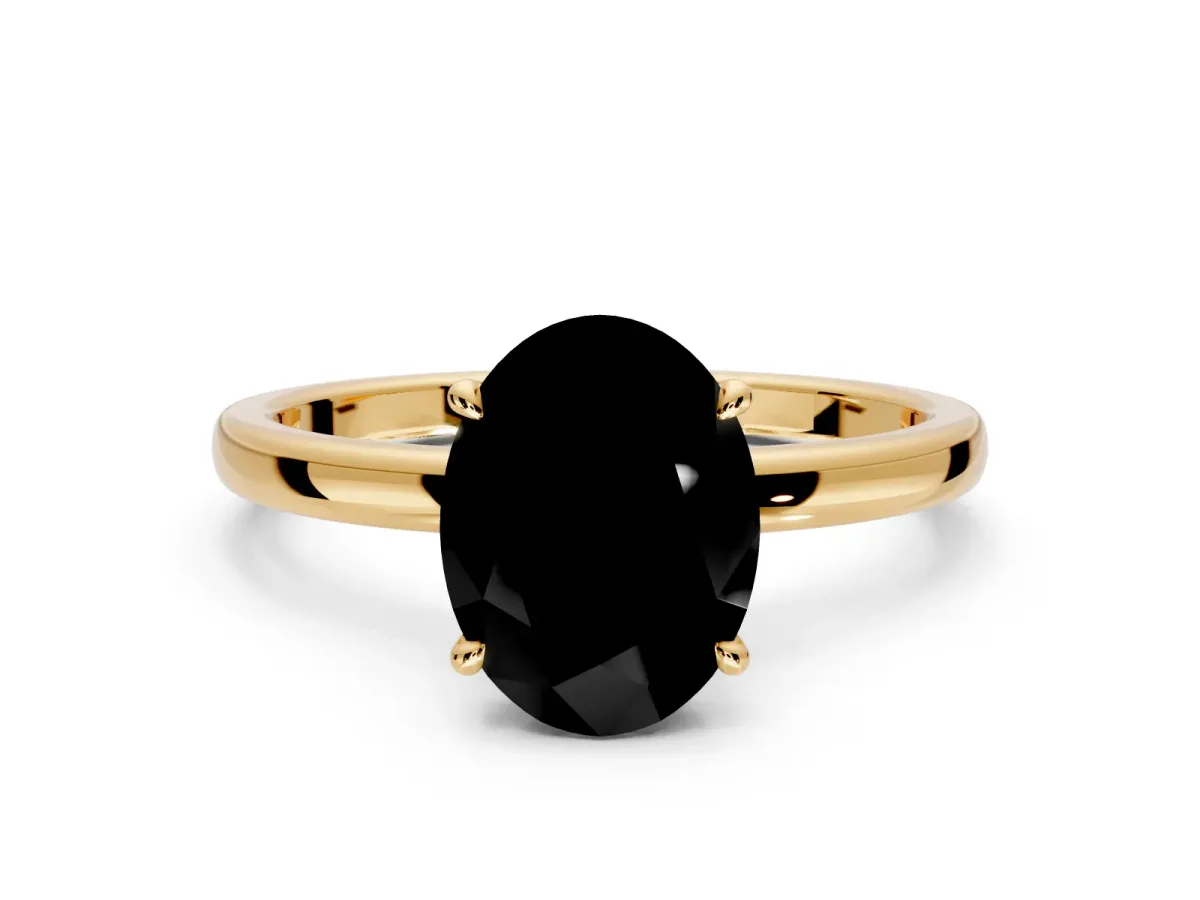 Hidden Halo Engagement Ring Setting for Fancy Black Oval Center with Plain Band and Tall Prong Head in Yellow Gold