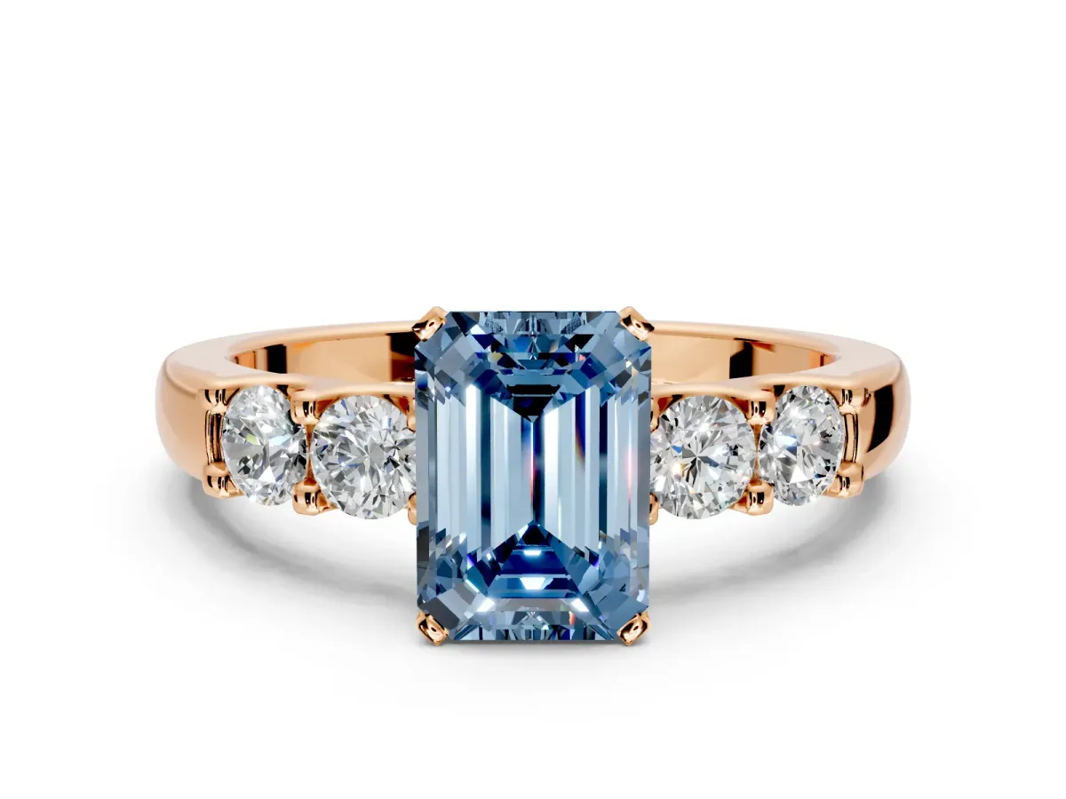 5 Stone Engagement Ring Setting for Fancy Blue Emerald Cut Center with Plain Band and Prong Head in Rose Gold