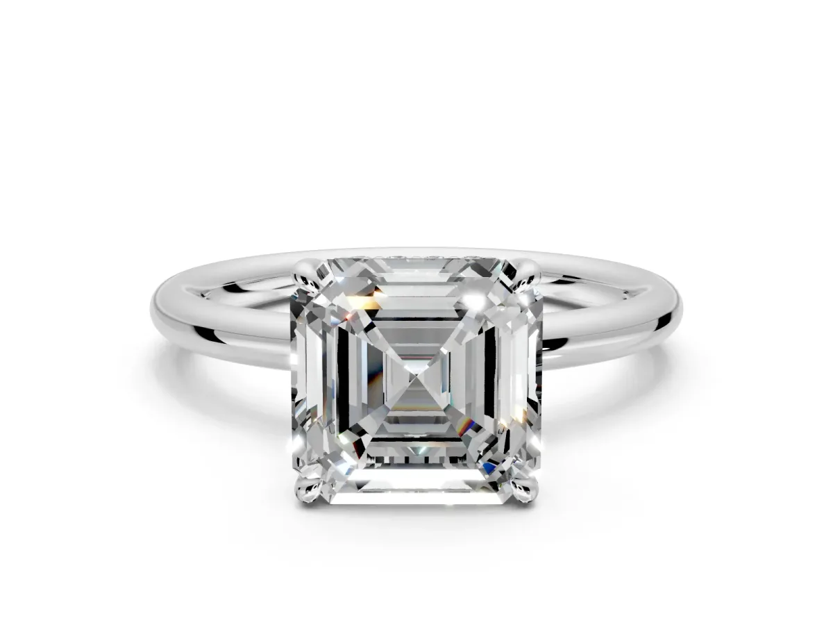 Hidden Halo Engagement Ring Setting for Asscher Cut Center with Thin Rounded Band and Prong Head in White Gold