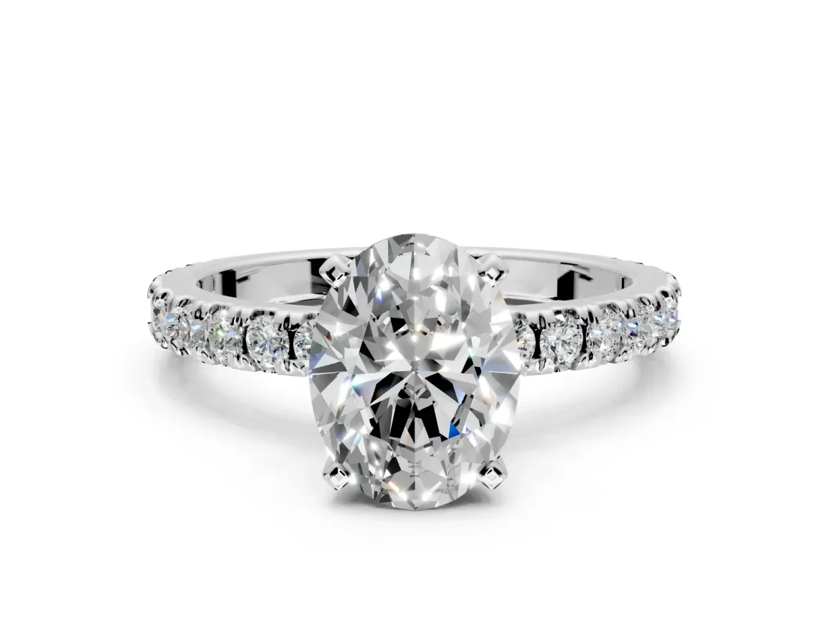 Solitaire Engagement Ring Setting for Oval Center with Fine Pave Band and Claw Prong Head in Sterling Silver
