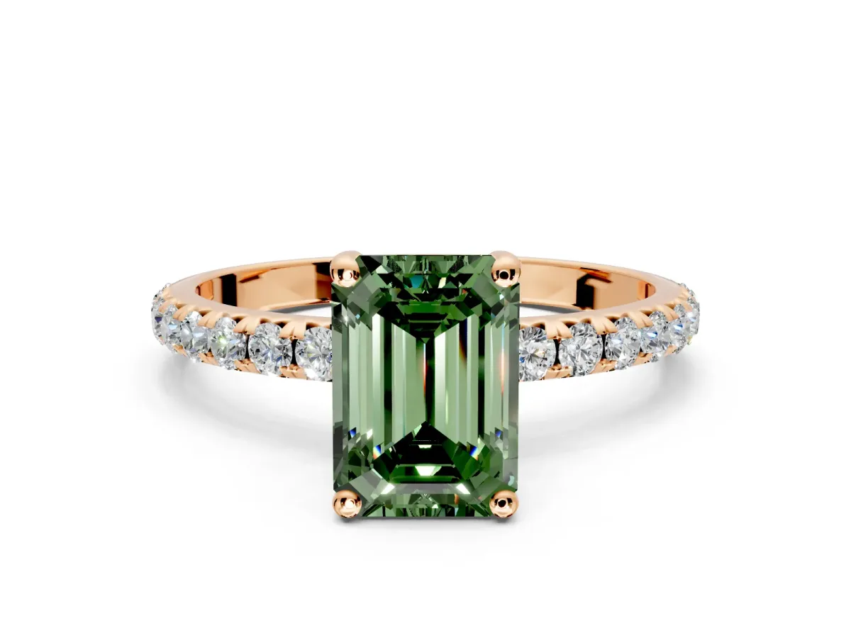 Solitaire Engagement Ring Setting for Fancy Green Emerald Cut Center with Micro Pave Band and Prong Head in Rose Gold