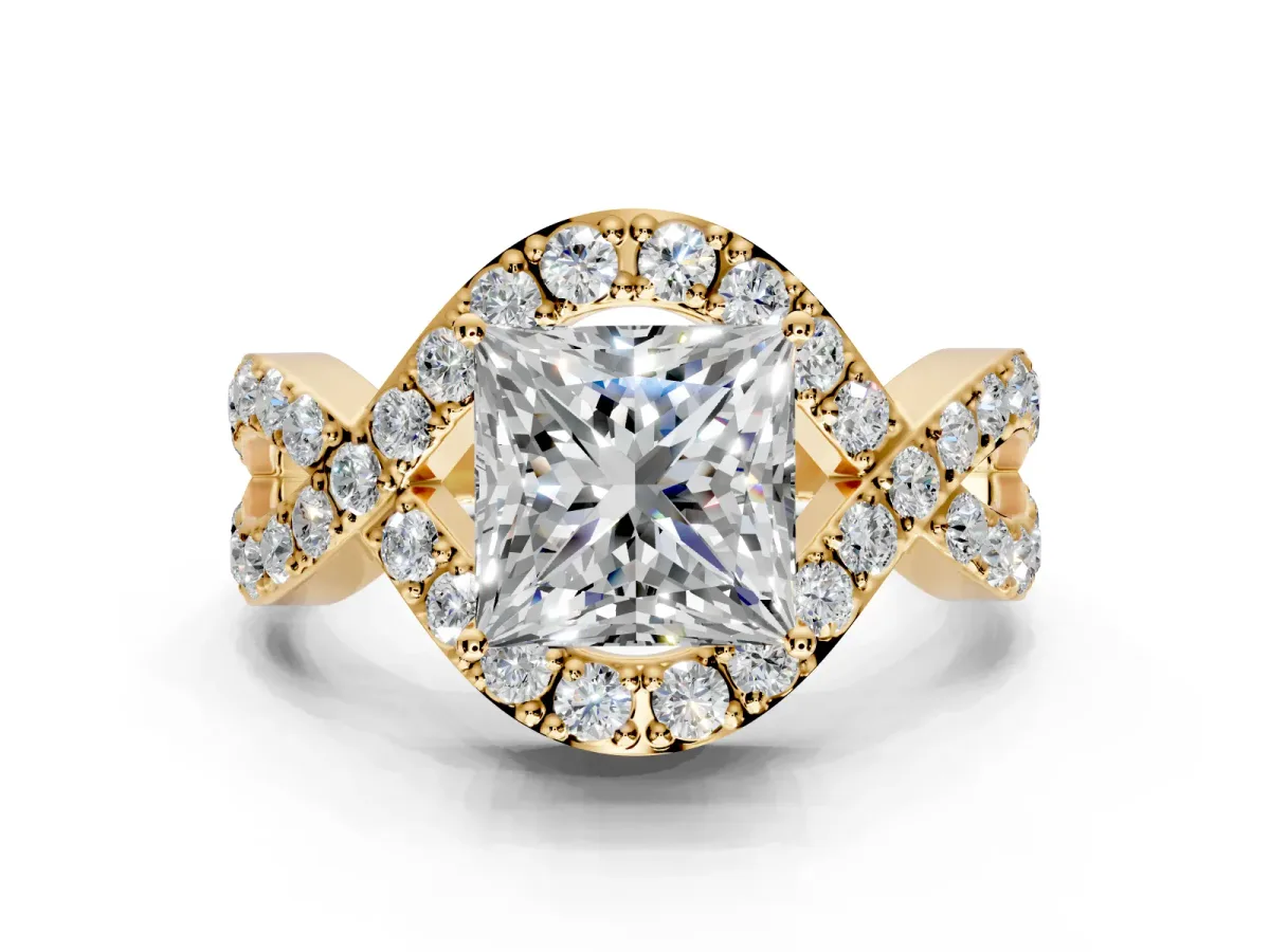 Halo Engagement Ring Setting for Princess Cut Center with Pave Infinity Twist Band and Prong Head in Yellow Gold