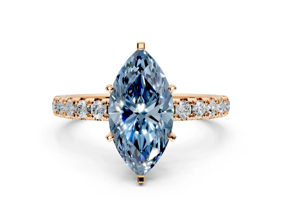 Solitaire Engagement Ring Setting for Fancy Blue Marquise Center with Shared-Prong Accents and Prong Head in Rose Gold