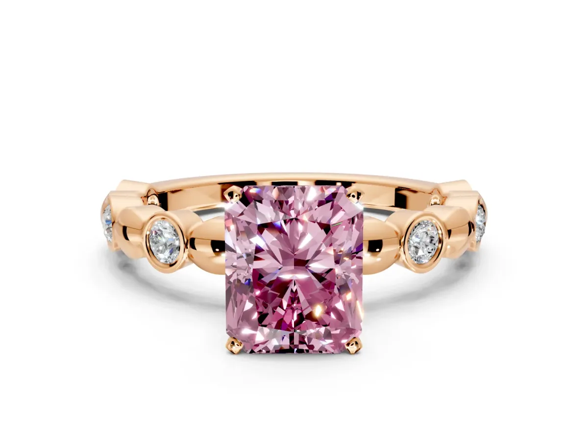 Solitaire Engagement Ring Setting for Fancy Pink Radiant Cut Center with Beaded Bezel Station Band and Prong Head in Rose Gold