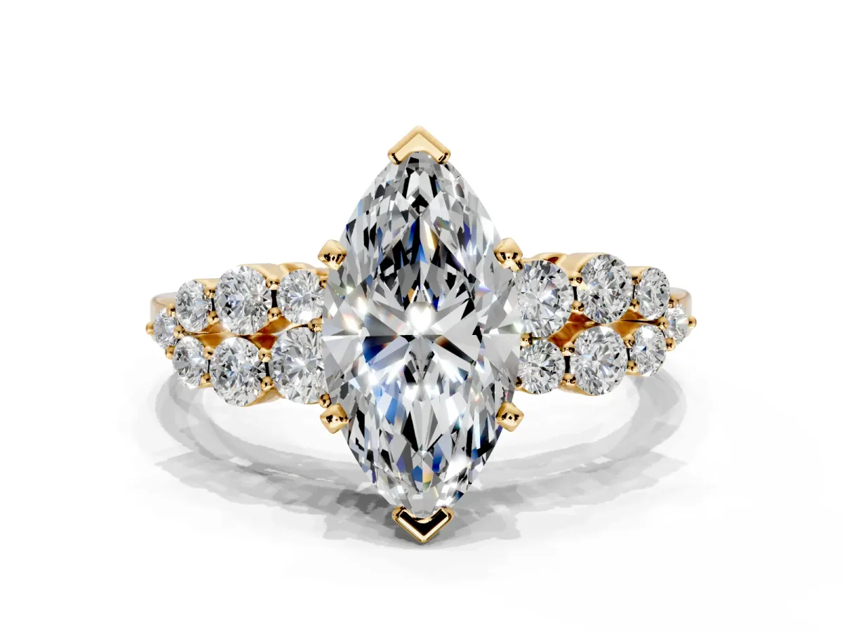 Cluster Engagement Ring Setting for Marquise Center with 2-Row Shoulder Clusters and Prong Head in Yellow Gold