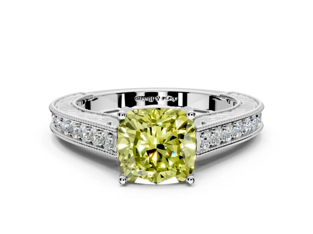 Solitaire Engagement Ring Setting for Fancy Yellow Cushion Cut Center with Engraved Pave Band and Prong Head in Platinum
