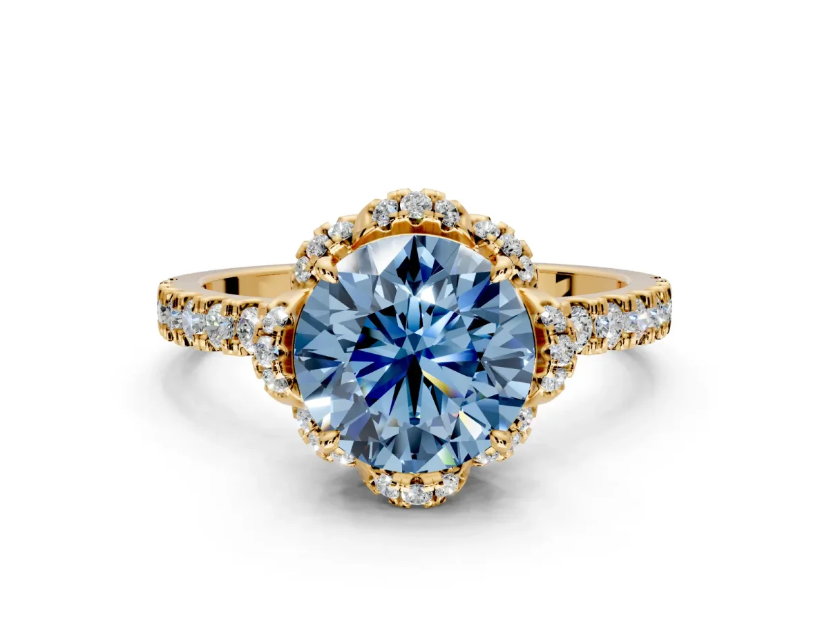 Halo Engagement Ring Setting for Fancy Blue Round Cut Center with Openwork Halo, Pave Band and Prong Head in Yellow Gold