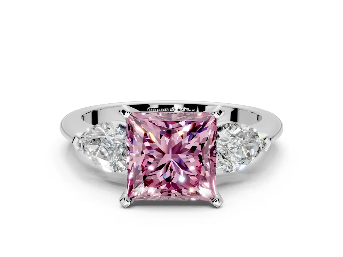 3 Stone Engagement Ring Setting for Fancy Pink Princess Cut Center with Large Pear-Shaped Accents and Prong Head in Sterling Silver