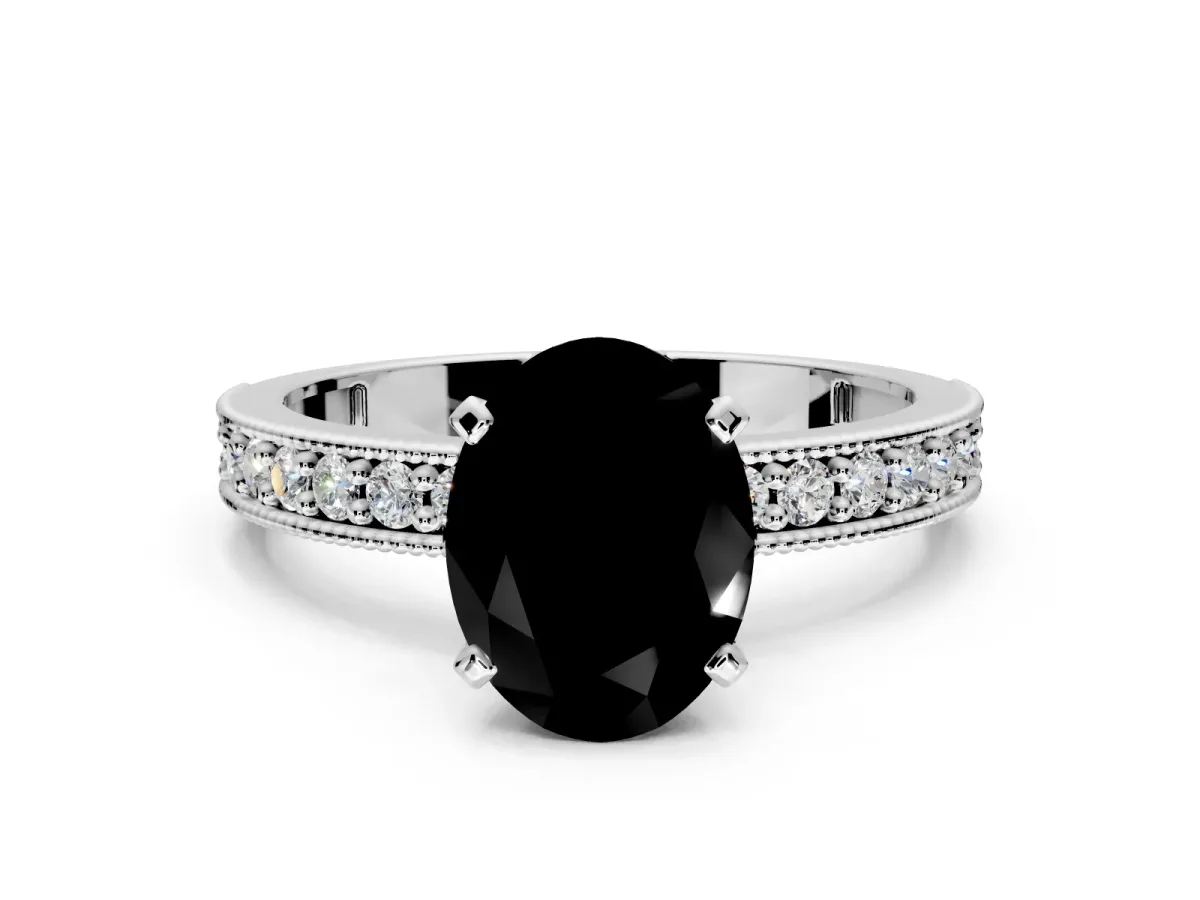 Milgrain Pave Engagement Ring Setting for Fancy Black Oval Center with Accent Band and Prong Head in Sterling Silver
