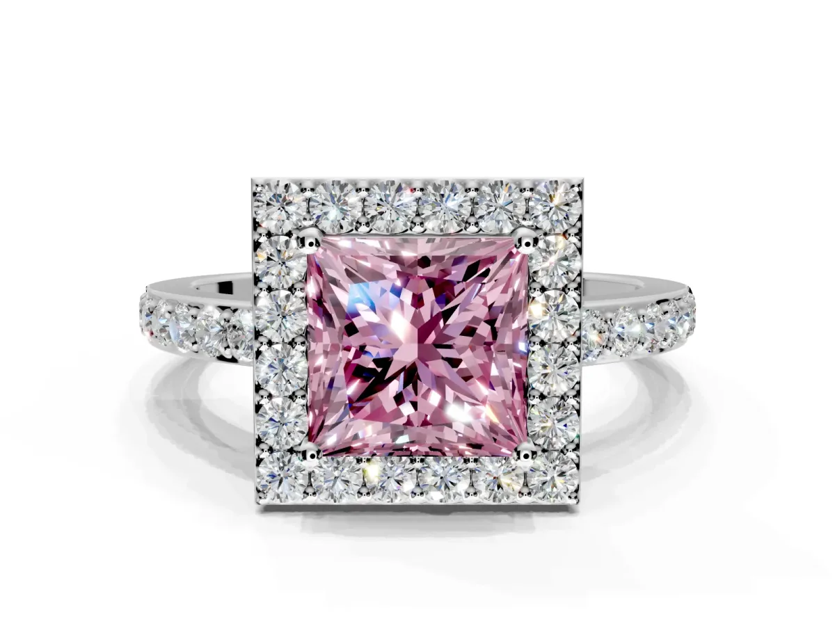 Halo Engagement Ring Setting for Fancy Pink Princess Cut Center with Heart-Shaped Openwork, Pave Band and Prong Head in White Gold