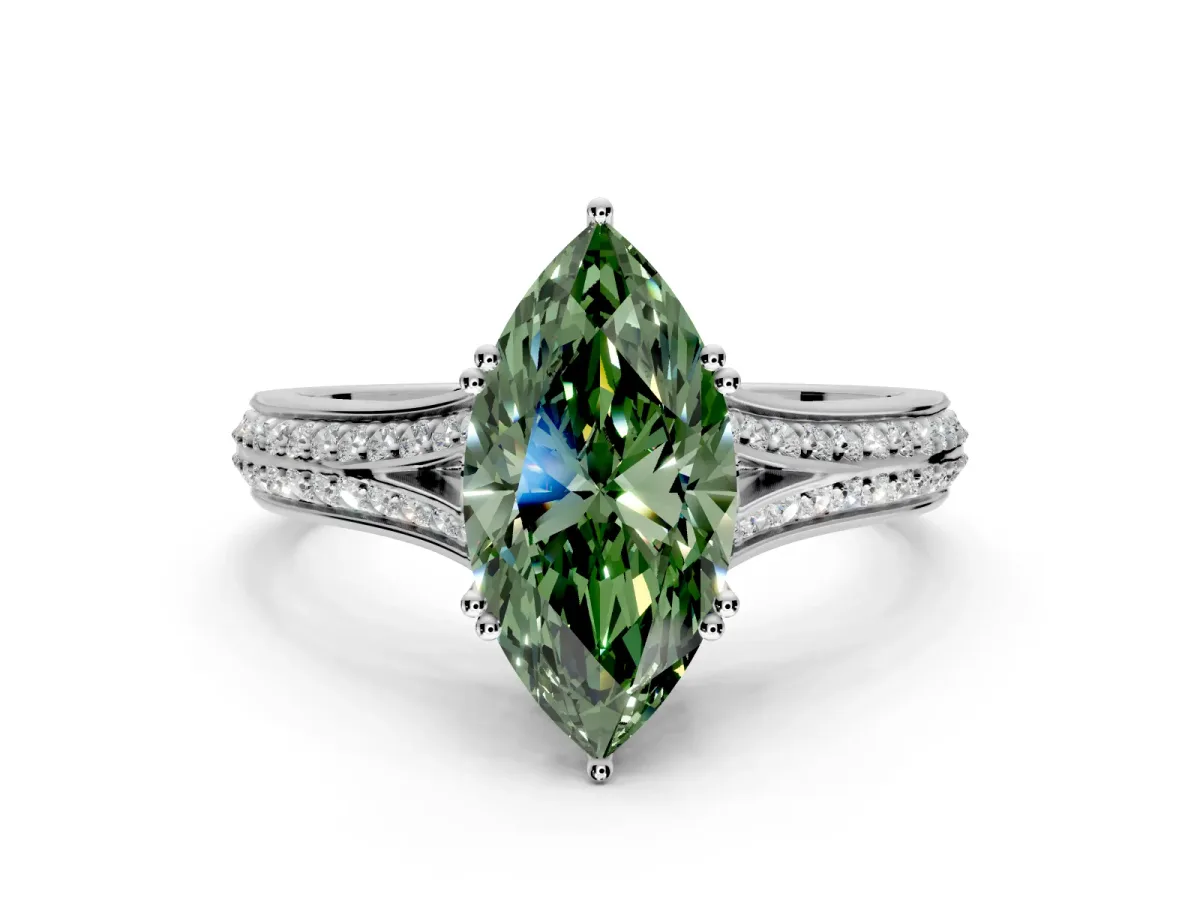 Solitaire Engagement Ring Setting for Fancy Green Marquise Center with Pave Rail Split Shank and Prong Head in Platinum