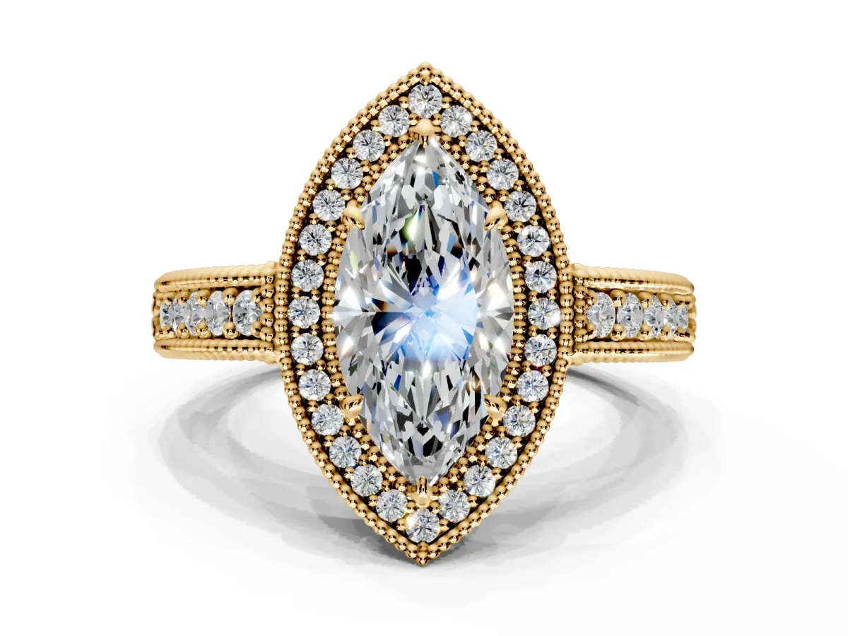Milgrain Halo Engagement Ring Setting for Marquise Center with Pave Band and Prong Head in Yellow Gold