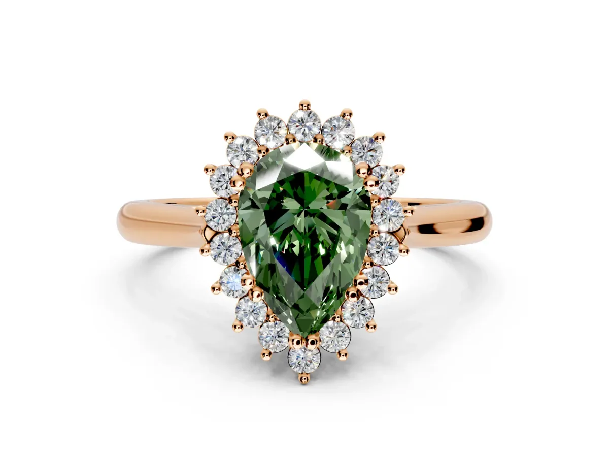 Starburst Halo Engagement Ring Setting for Fancy Green Pear-Shaped Center with Thin Round-Wire Band and Prong Head in Rose Gold