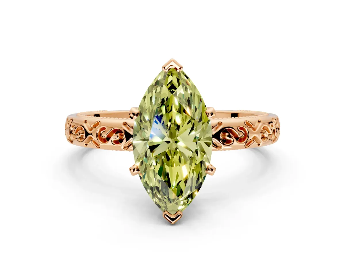 Solitaire Engagement Ring Setting for Fancy Yellow Marquise Center with Scrollwork Band and Prong Head in Rose Gold