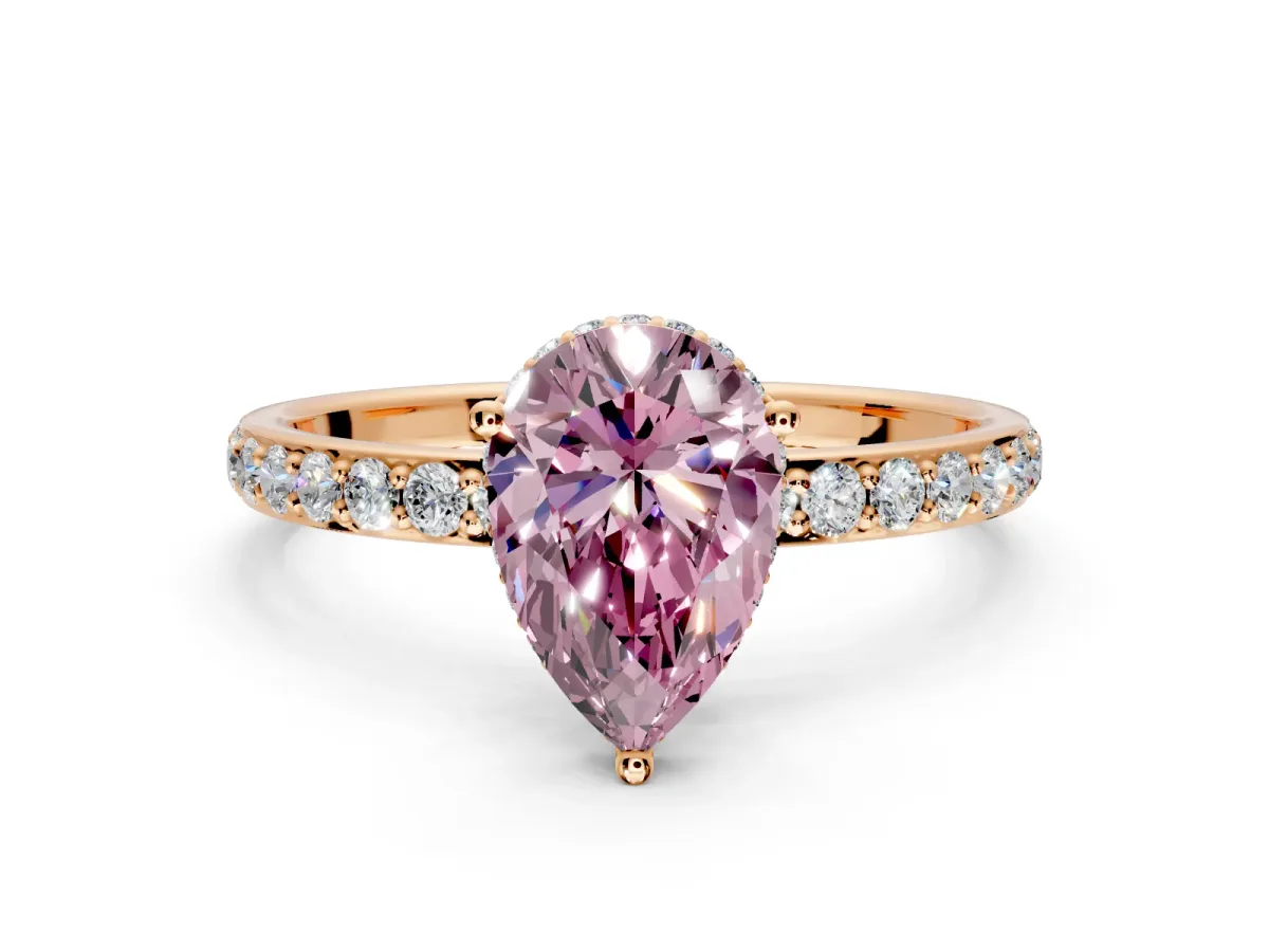 Hidden Halo Engagement Ring Setting for Fancy Pink Pear-Shaped Center with Pave Band and Prong Head in Rose Gold