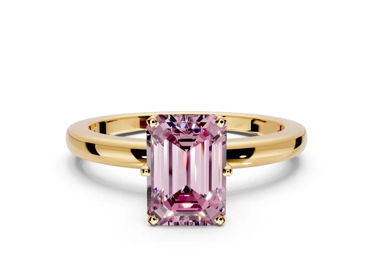 Solitaire Engagement Ring Setting for Fancy Pink Emerald Cut Center with Plain Band and Tulip Prong Head in Yellow Gold