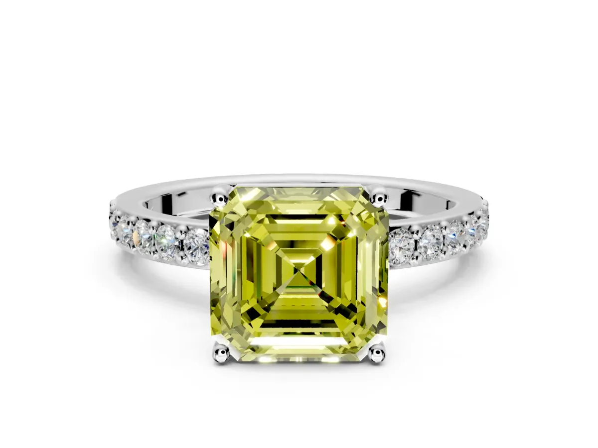 Solitaire Engagement Ring Setting for Fancy Yellow Asscher Cut Center with Round Cut Pave Band and Prong Head in Platinum
