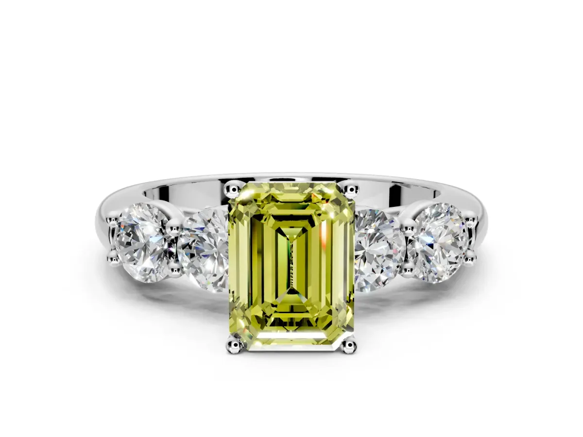 5 Stone Engagement Ring Setting for Fancy Yellow Emerald Cut Center with Graduated Accents and Prong Head in Sterling Silver