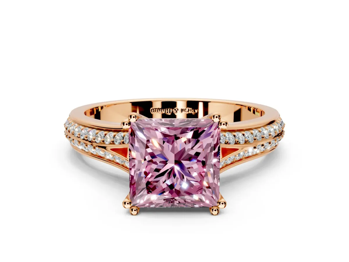 Solitaire Engagement Ring Setting for Fancy Pink Princess Cut Center with Pave Rail Split Shank and Prong Head in Rose Gold