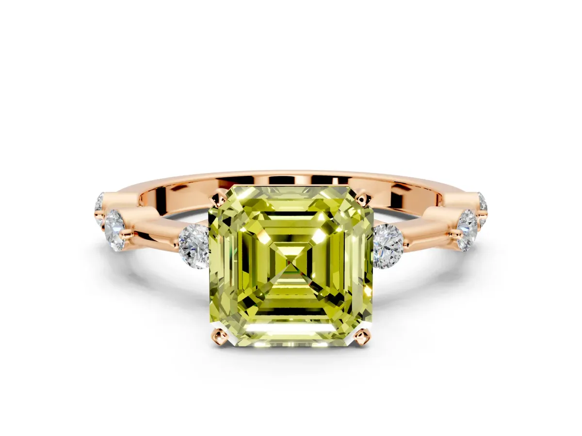 Solitaire Engagement Ring Setting for Fancy Yellow Asscher Cut Center with Bezel Station Band and Prong Head in Rose Gold