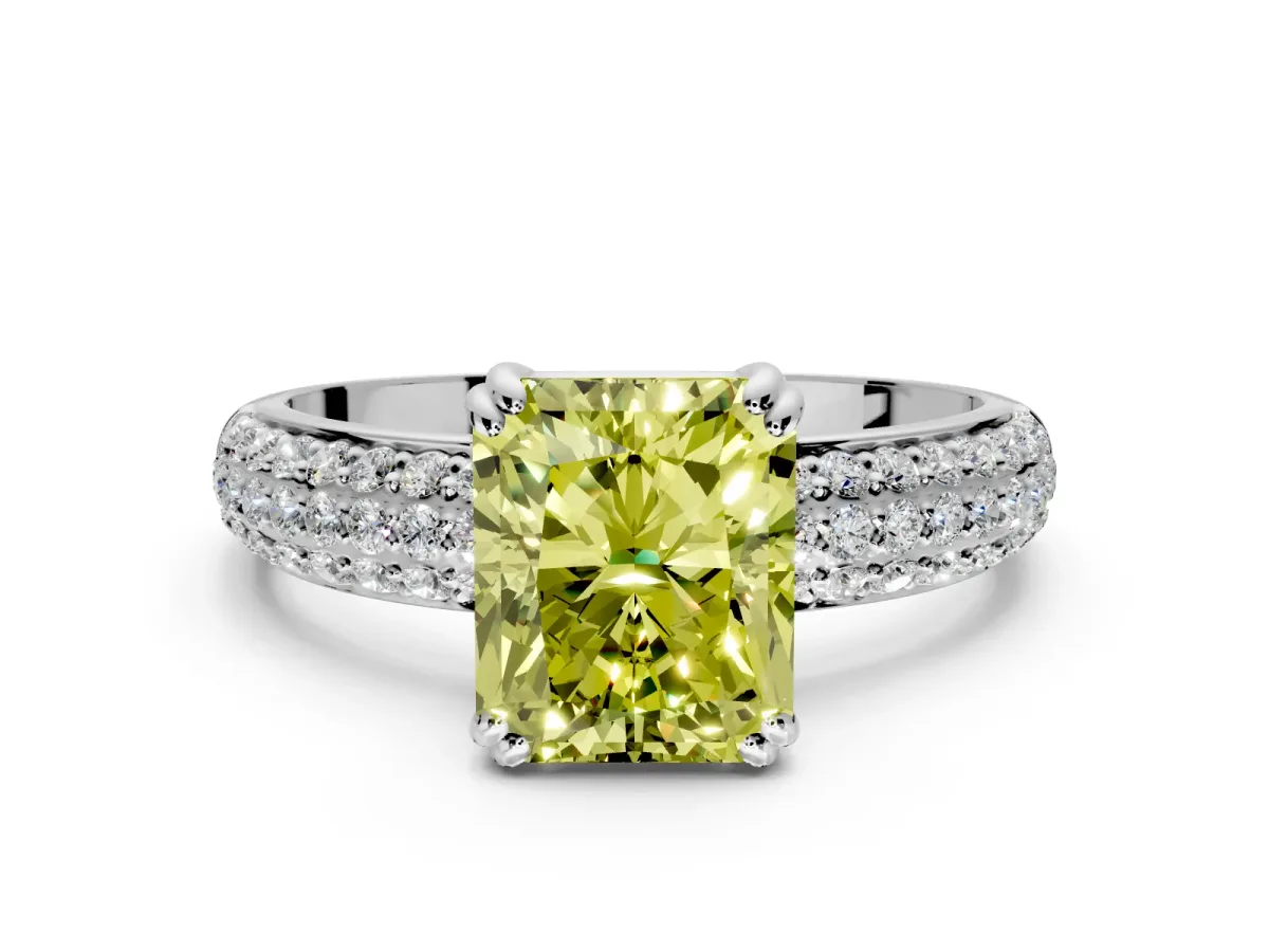 Solitaire Engagement Ring Setting for Fancy Yellow Radiant Cut Center with Multi-Row Pave Accents and Basket Head in Platinum