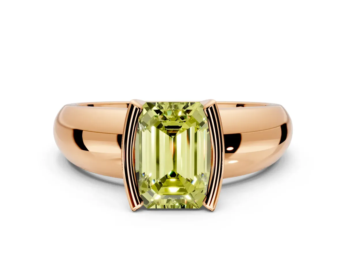 Tension Engagement Ring Setting for Fancy Yellow Emerald Cut Center with Wide Flat Band and Tension Head in Rose Gold
