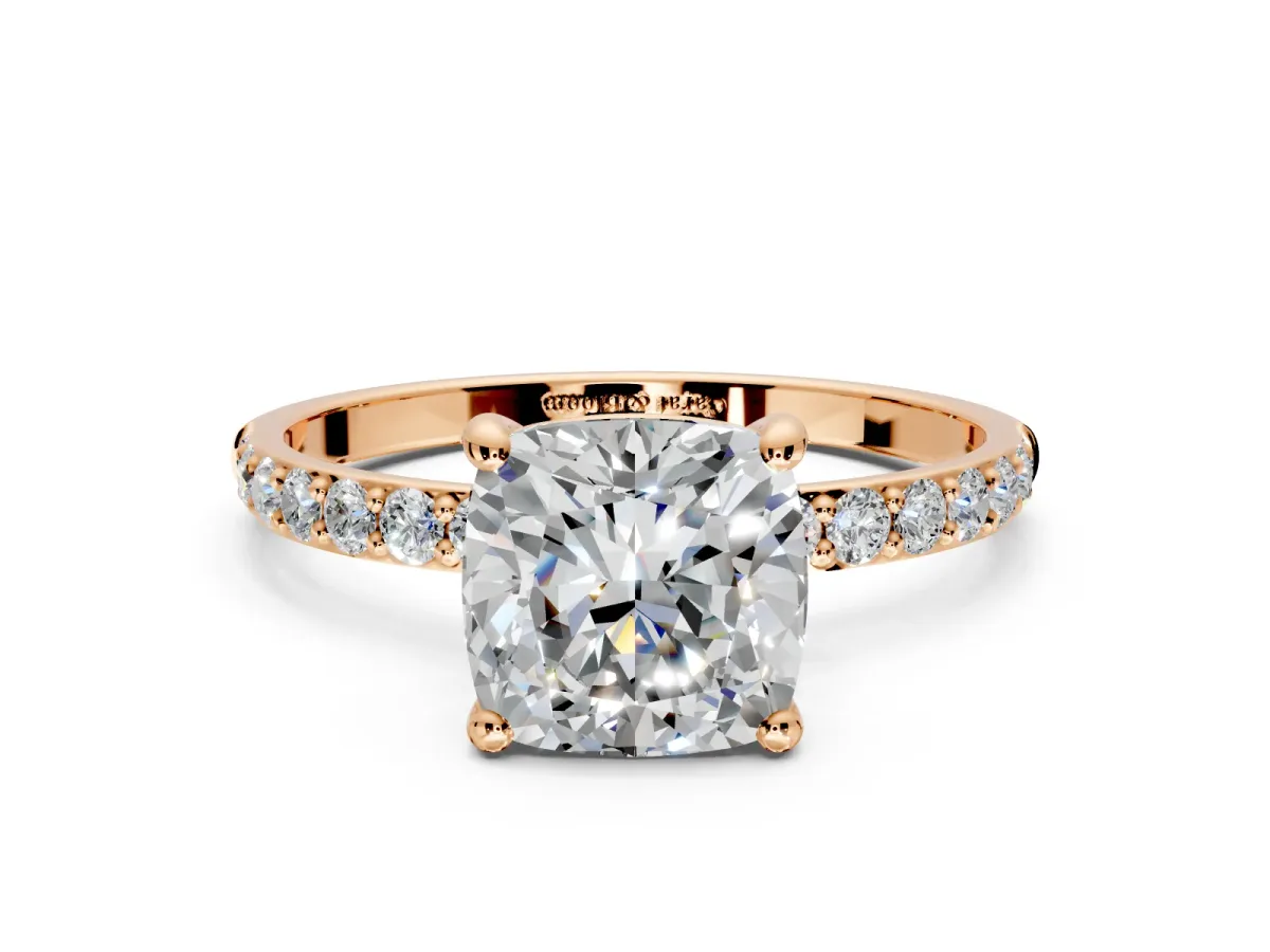 Solitaire Engagement Ring Setting for Cushion Cut Center with Pave Accents and Prong Head in Rose Gold