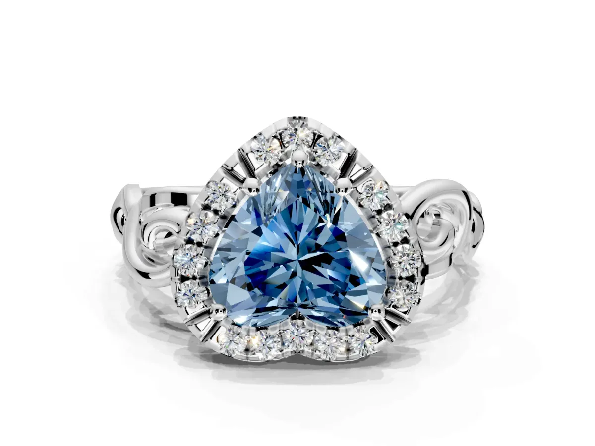 Halo Engagement Ring Setting for Fancy Blue Heart-Shaped Center with Open Scroll Shoulders and Prong Head in Sterling Silver