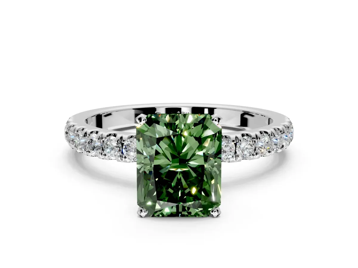 Open Basket Engagement Ring Setting for Fancy Green Radiant Cut Center with Pave Band and Prong Head in Sterling Silver