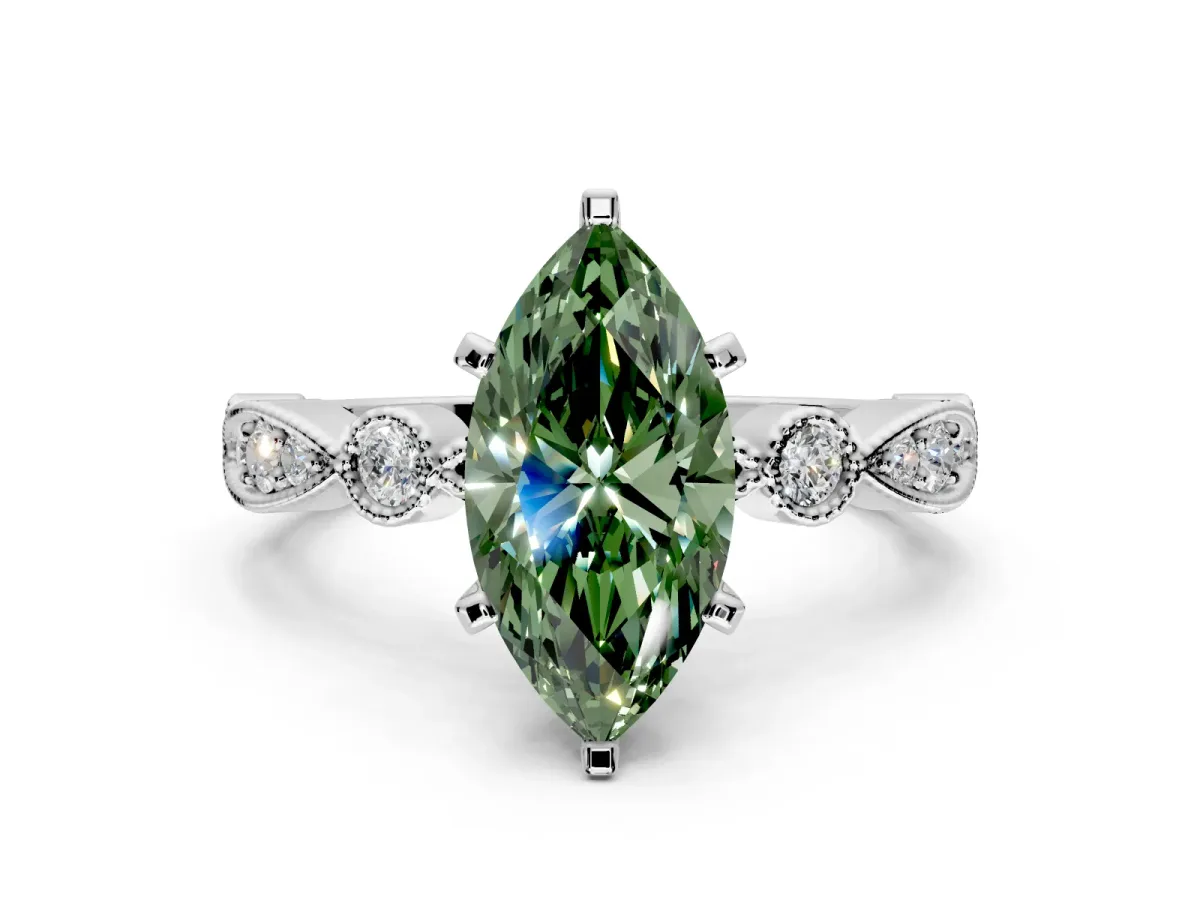Solitaire Engagement Ring Setting for Fancy Green Marquise Center with Milgrain Bezel Accents and Prong Head in White Gold
