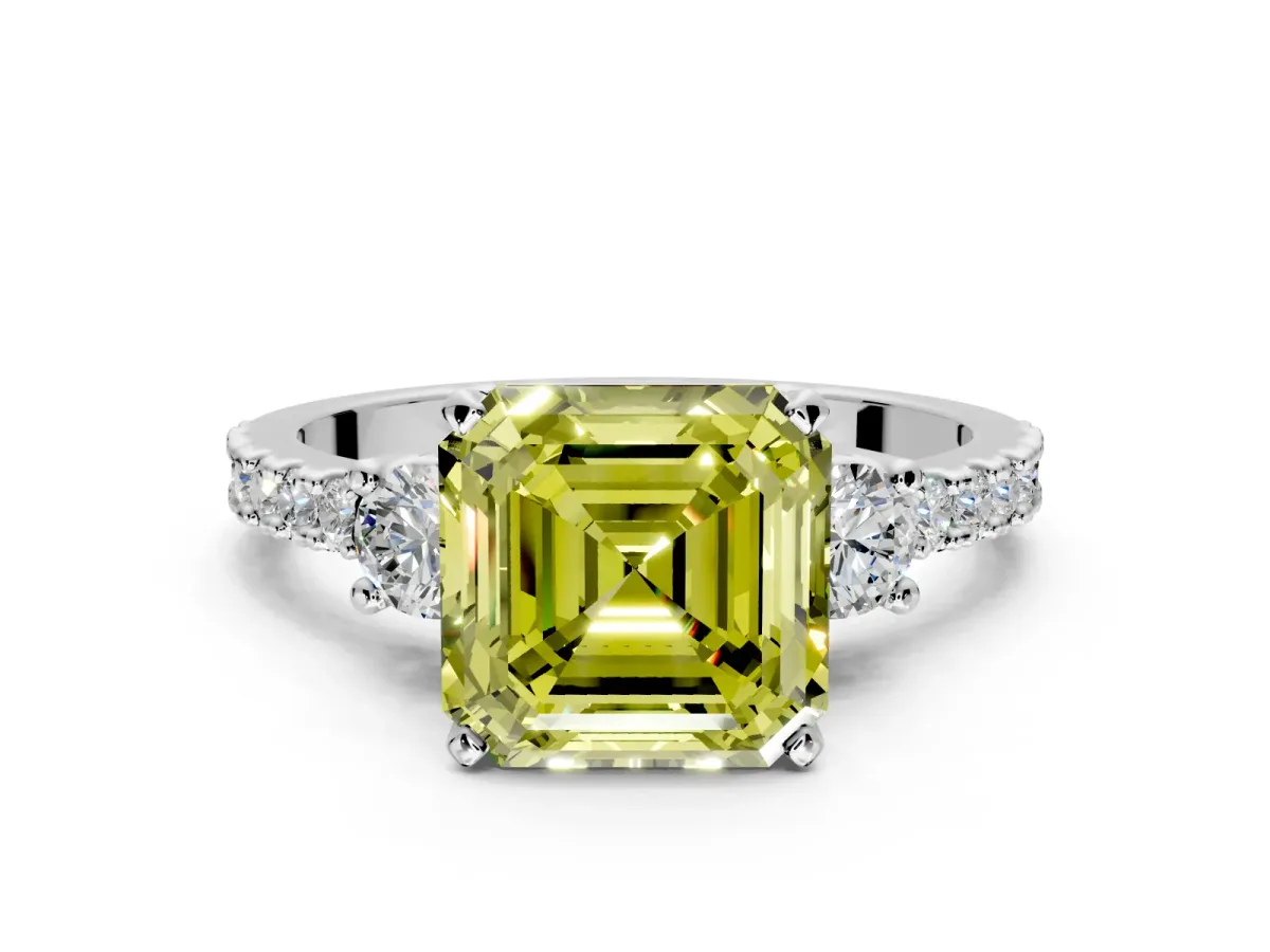 3 Stone Engagement Ring Setting for Fancy Yellow Asscher Cut Center with Round Cut Side Accents and Prong Head in Platinum