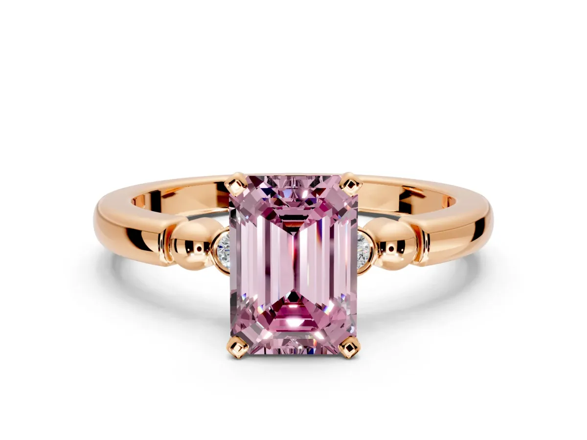 Solitaire Engagement Ring Setting for Fancy Pink Emerald Cut Center with Beaded Shoulders and Prong Head in Rose Gold