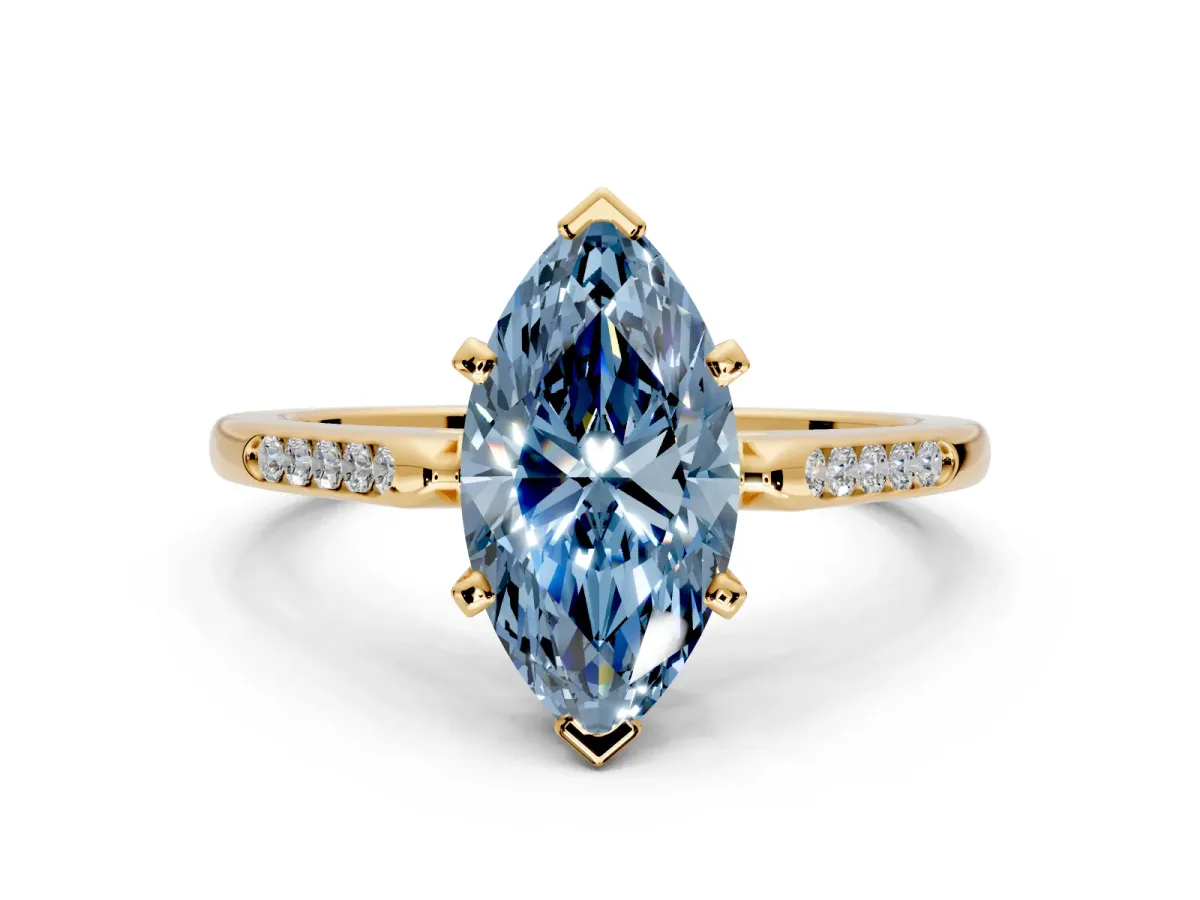 Solitaire Engagement Ring Setting for Fancy Blue Marquise Center with Channel Accents and Prong Head in Yellow Gold