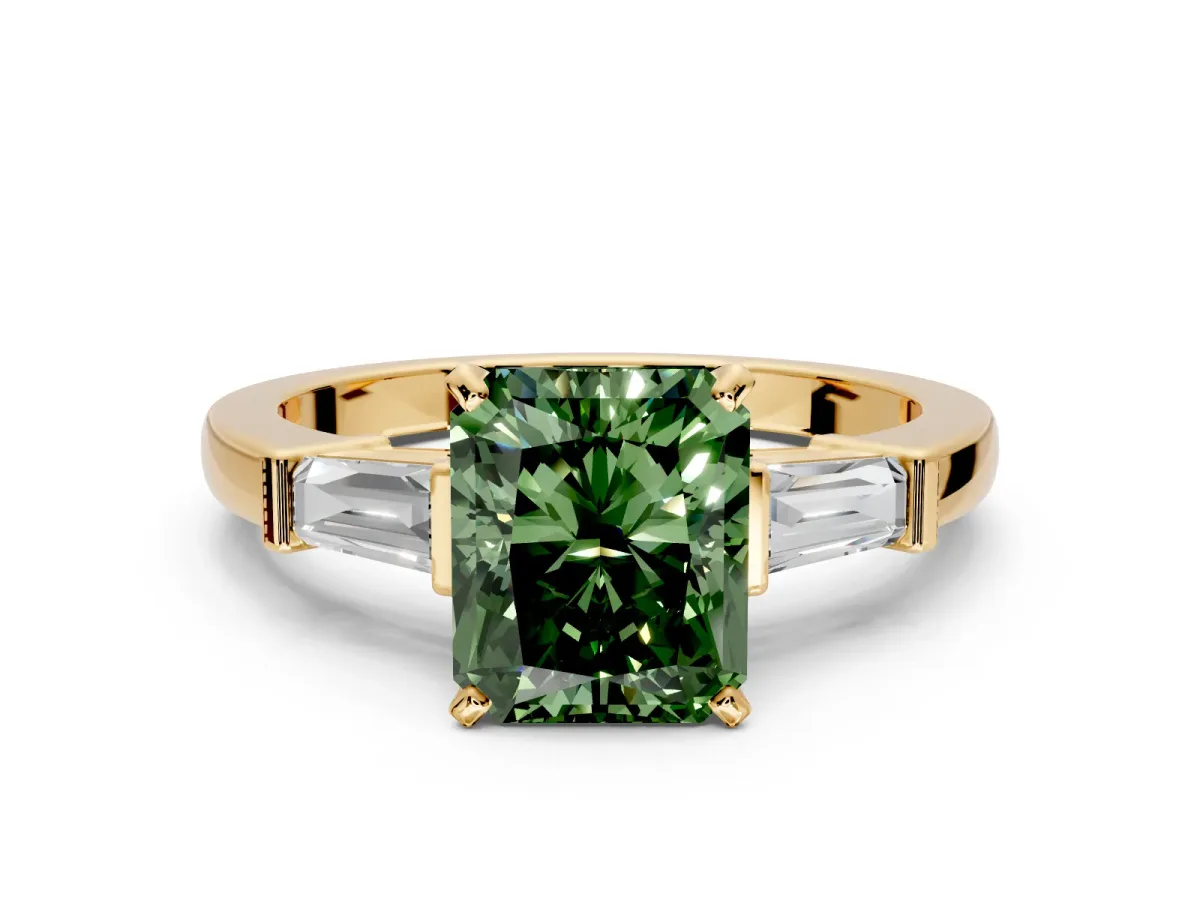 3 Stone Engagement Ring Setting for Fancy Green Radiant Cut Center with Channel Baguette Accents and Prong Head in Yellow Gold