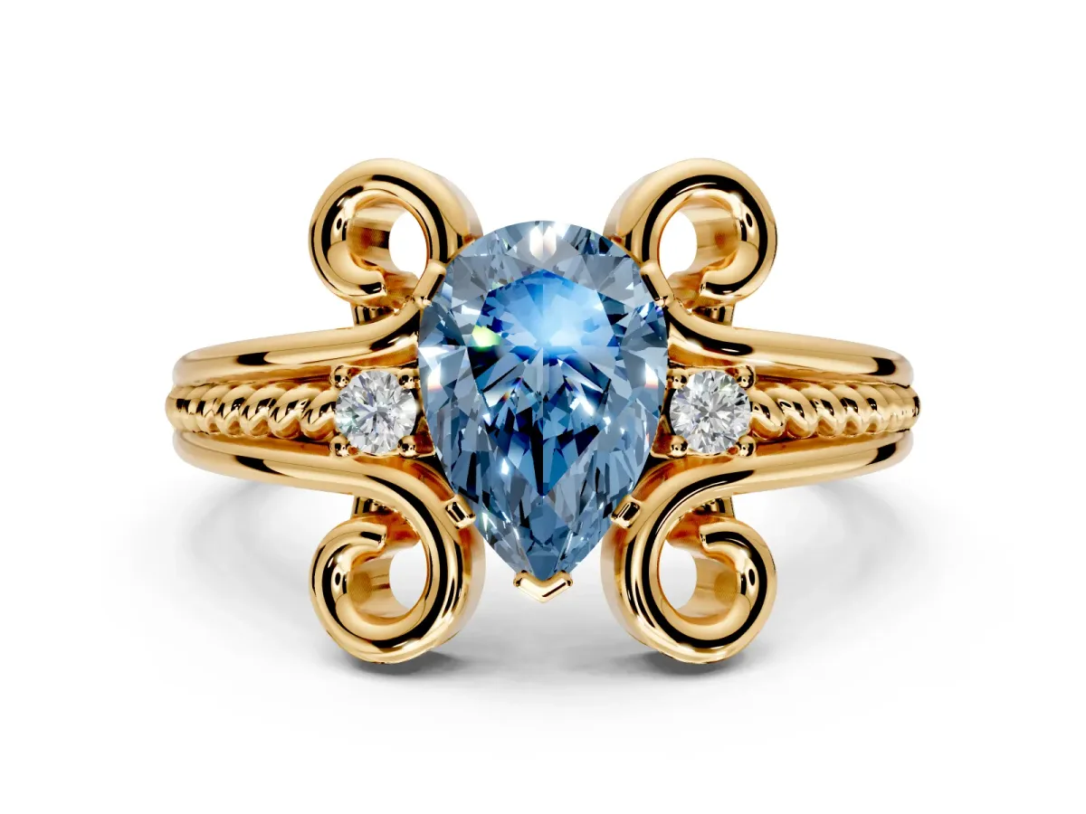 Solitaire Engagement Ring Setting for Fancy Blue Pear-Shaped Center with Twisted Band and Scroll Prong Head in Yellow Gold