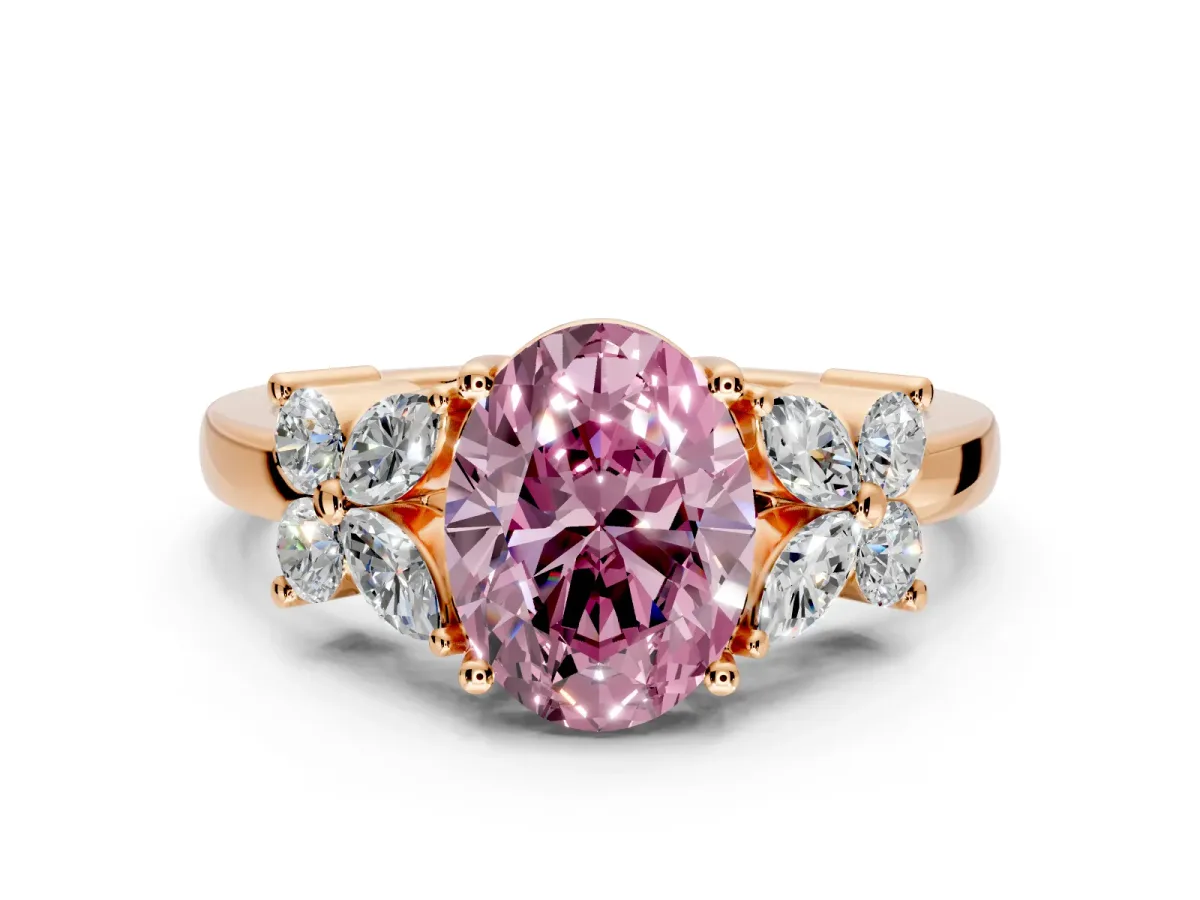 Floral Engagement Ring Setting for Fancy Pink Oval Center with Marquise Cluster Shoulders and Prong Head in Rose Gold