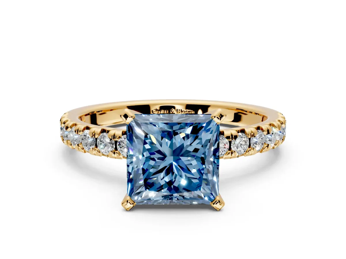 Solitaire Engagement Ring Setting for Fancy Blue Princess Cut Center with Large Accents and Prong Head in Yellow Gold