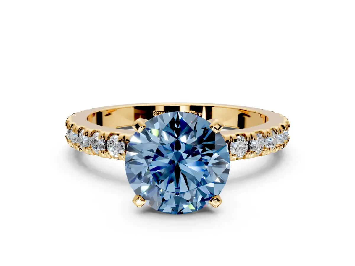 Solitaire Engagement Ring Setting for Fancy Blue Round Cut Center with Fine Pave Band and Claw Prong Head in Yellow Gold