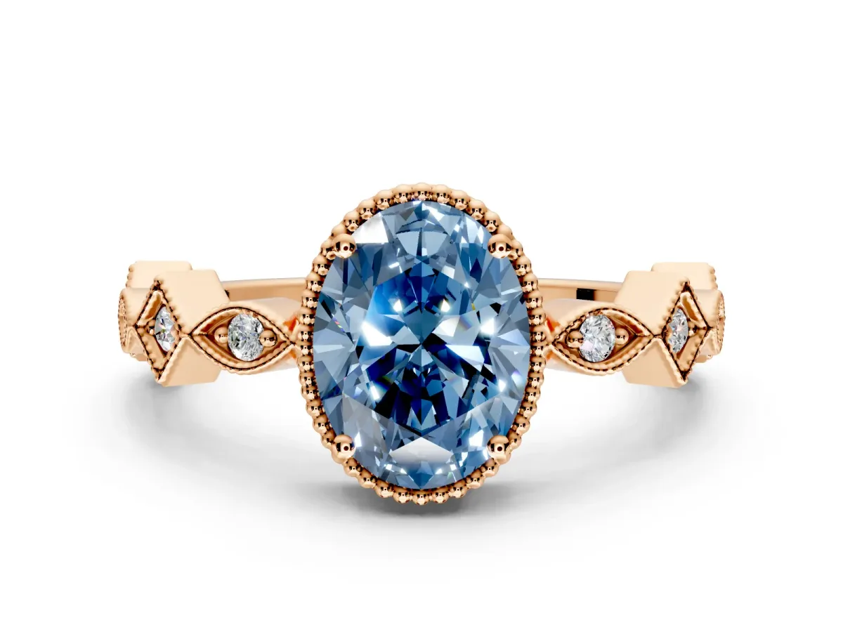 Milgrain Bezel Engagement Ring Setting for Fancy Blue Oval Center with Marquise Stations and Bezel Head in Rose Gold