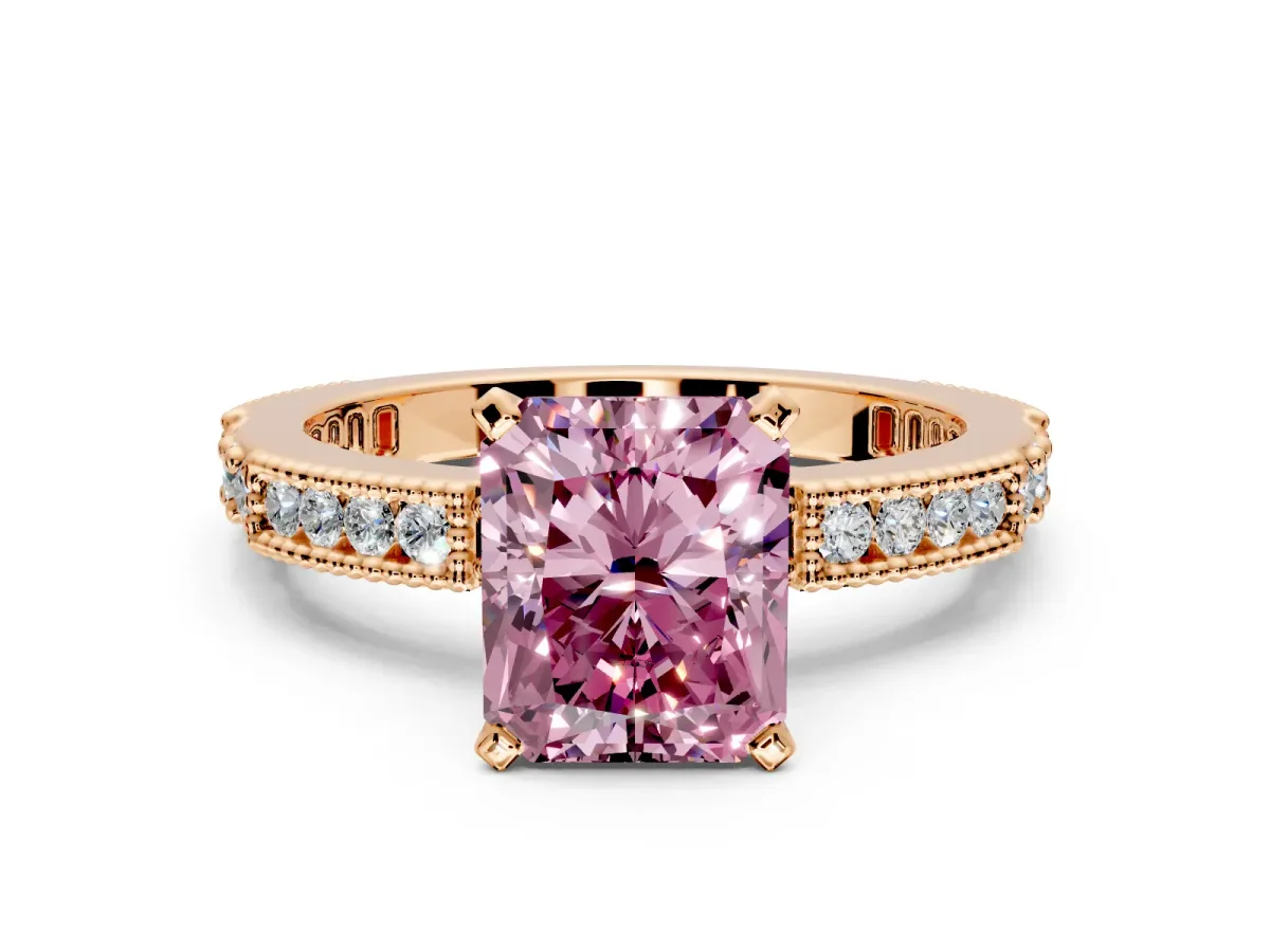 Solitaire Engagement Ring Setting for Fancy Pink Radiant Cut Center with Milgrain-Edged Pave Band and Prong Head in Rose Gold
