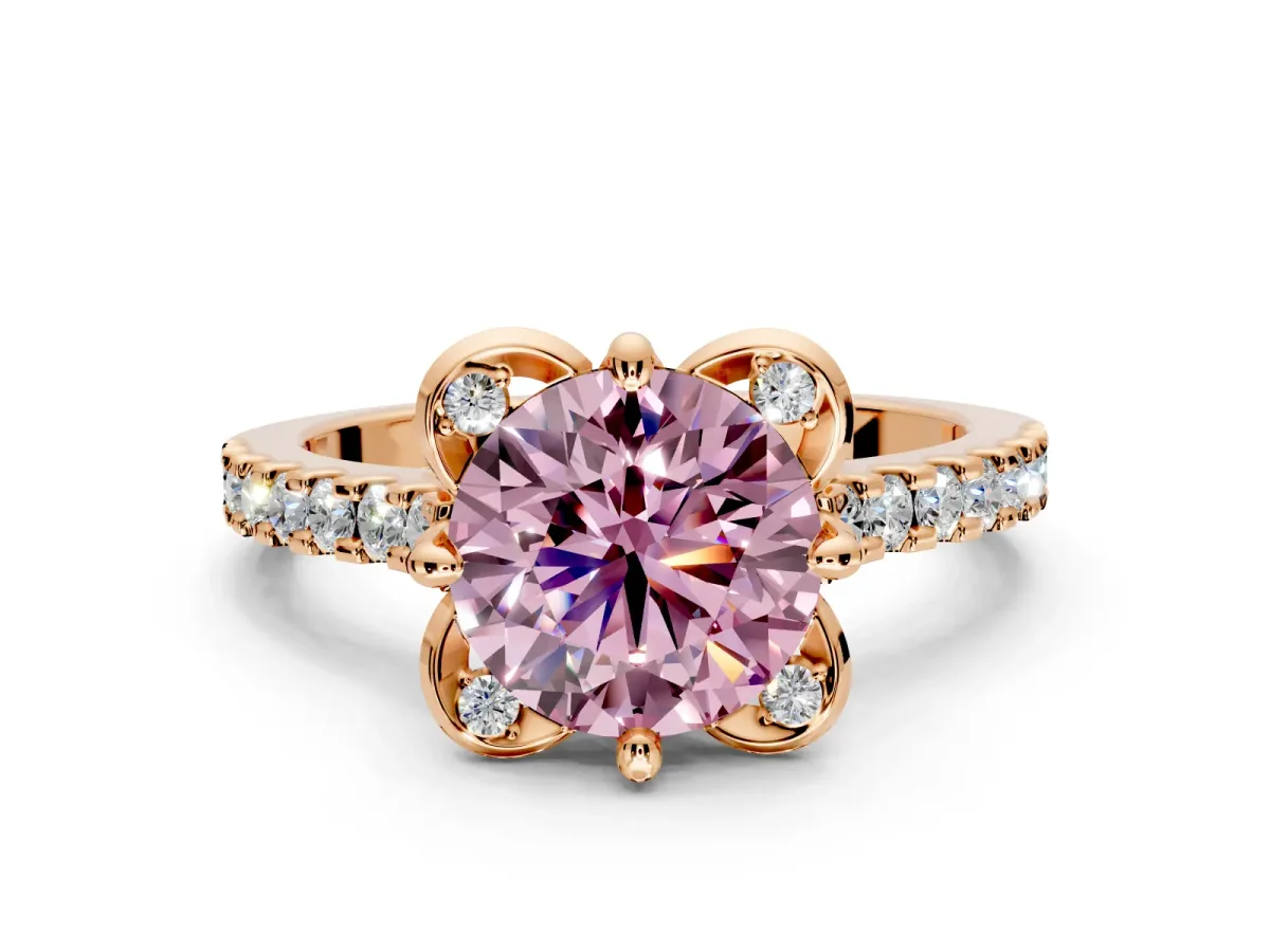 Floral Engagement Ring Setting for Fancy Pink Round Cut Center with Pave Band and Floral Prong Head in Rose Gold