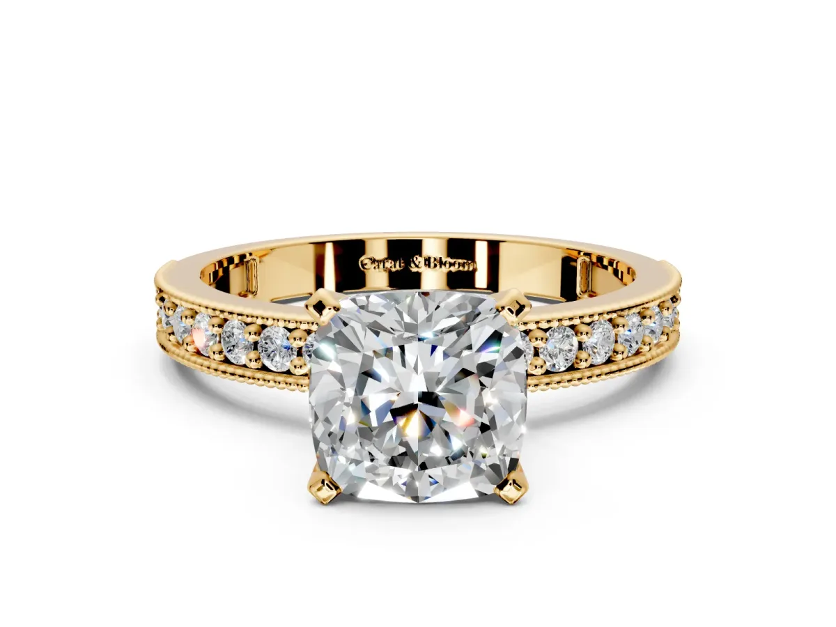 Milgrain Pave Engagement Ring Setting for Cushion Cut Center with Accent Band and Prong Head in Yellow Gold