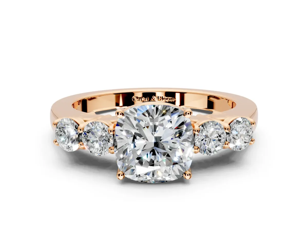 5 Stone Engagement Ring Setting for Cushion Cut Center with Equal Close-Set Accents and Prong Head in Rose Gold